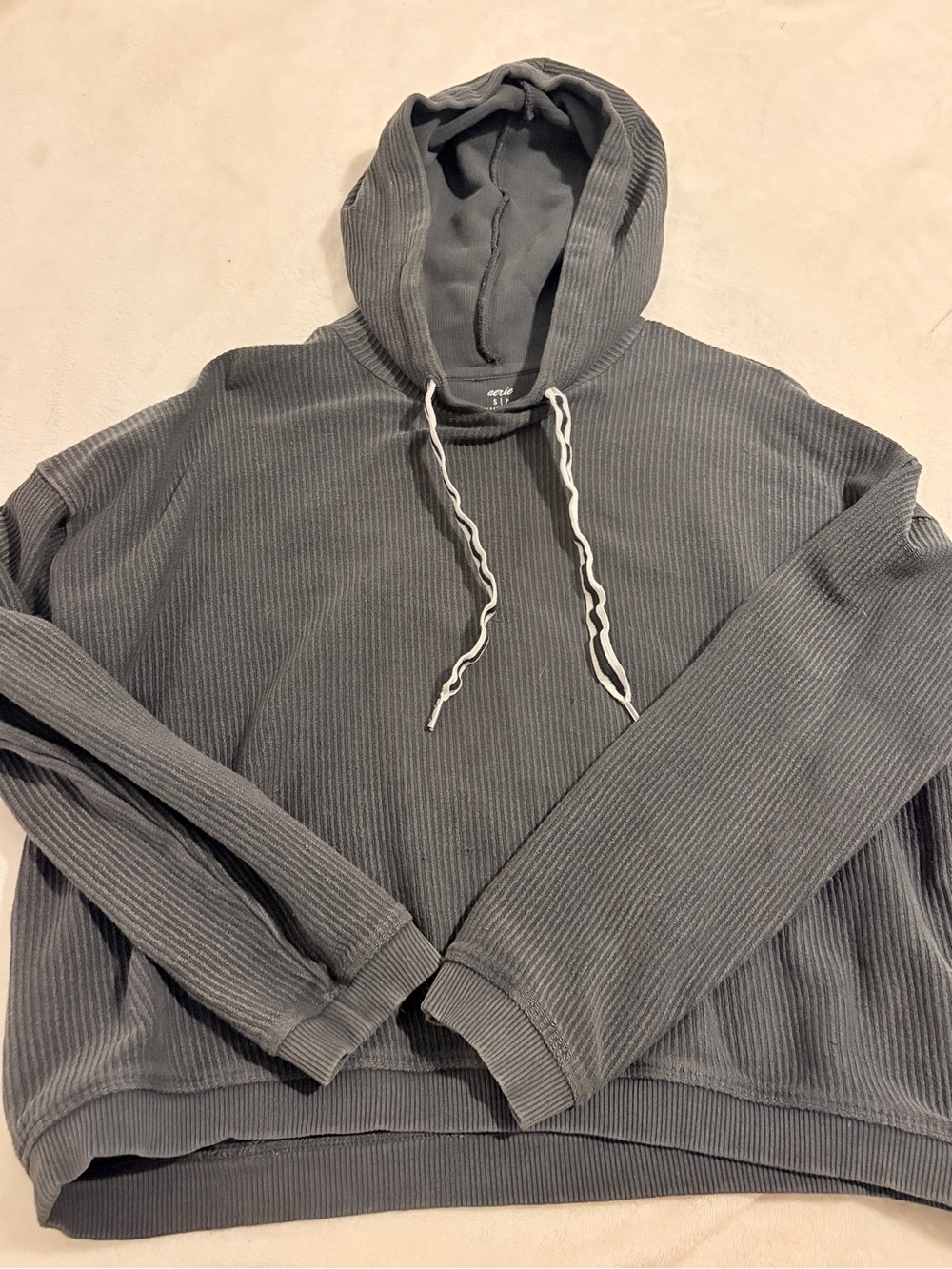 aerie Ribbed Hooded Sweatshirt in Charcoal Gray
